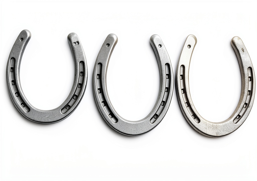 The Heritage Forge steel horseshoes displayed on a rustic wooden surface