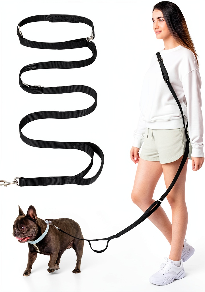 Tivray Hands Free Dog Leash installed on a wooden bench during a jog, showing the waist strap and rubber handle